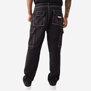 True Religion Cargo Pants Mens Size 36 Jet Black White Stitching 108335 (36x32)